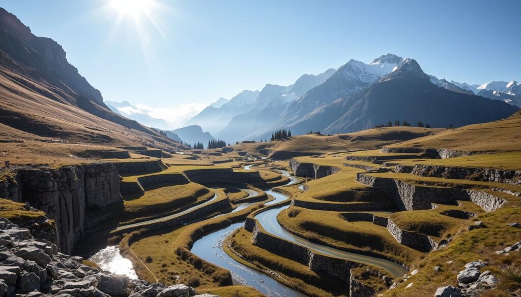 A meandering network of historic irrigation canals, known as Suonen, winds through the rugged Valais landscape, a testament to the resilience and ingenuity of the region's people. Carved into the hillsides, these narrow, stone-lined channels capture and channel glacial meltwater, providing a lifeline for agriculture in this alpine environment. Sunlight dapples the water's surface, casting dancing shadows on the surrounding cliffs and meadows, while towering peaks loom in the distance, their snow-capped summits shrouded in mist. This scene of timeless cultural heritage evokes a sense of tranquility and connection to the land, inviting the viewer to step back in time and explore the rich history etched into the very fabric of this picturesque Wallisian countryside.