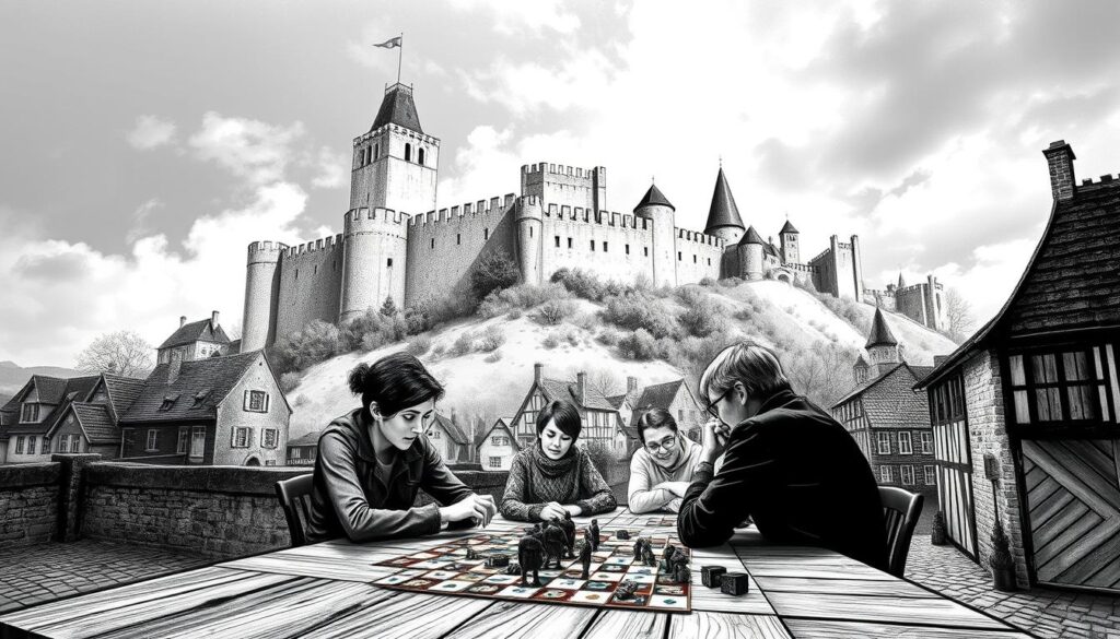 A medieval fortress looms over a quaint town, its towering walls casting long shadows across the cobblestone streets. In the foreground, a group of friends gather around a wooden table, intently studying the tiles of the iconic Carcassonne board game. The scene is rendered in striking black and white, with pops of color highlighting the game pieces and the architectural details of the historic fortress. The mood is one of contemplation and nostalgia, as the players immerse themselves in the strategic delights of this beloved tabletop classic, set against the backdrop of Carcassonne's timeless charm.