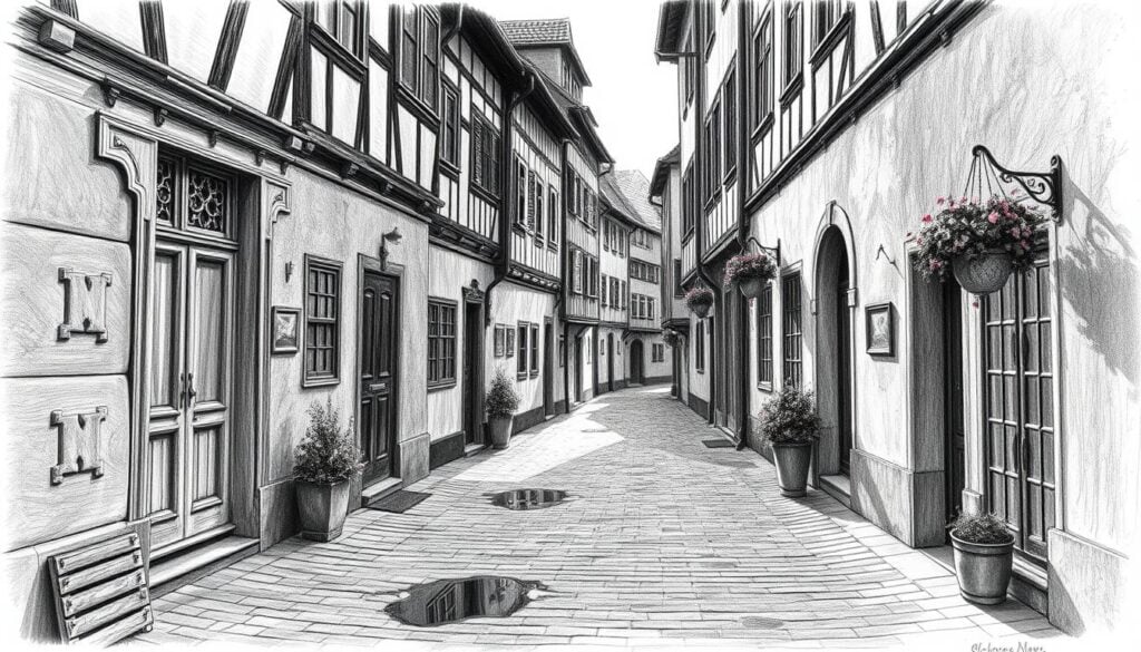 A narrow, winding cobblestone lane in the historic Wismar old town, shadowed by centuries-old half-timbered buildings, their facades adorned with intricate carvings and weathered details. Sunlight filters through the gaps, casting soft, dappled illumination across the scene. The pavement is dotted with puddles, reflecting the surrounding architecture in shimmering pools. Potted plants and hanging flower baskets add pops of muted color, complementing the monochromatic palette. An air of quiet tranquility pervades this hidden gem, inviting the viewer to slow down and savor the charm of this well-preserved medieval enclave.