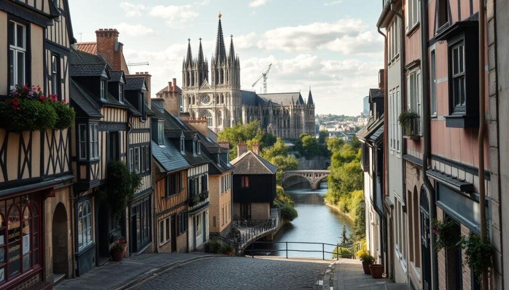 A picturesque cityscape of Rouen's historic old town, bathed in soft, natural lighting. In the foreground, a charming cobblestone street lined with quaint half-timbered buildings, their facades adorned with subtle pops of color. In the middle ground, the iconic Rouen Cathedral rises majestically, its intricate Gothic architecture rendered in stunning black and white with pinpoint accents. The background features a serene river winding through the heart of the city, complemented by lush greenery and a tranquil atmosphere. The overall scene conveys the timeless beauty and cultural richness of Rouen, inviting the viewer to explore its enchanting streets and discover its hidden gems. A picturesque cityscape of Rouen's historic old town, bathed in soft, natural lighting. In the foreground, a charming cobblestone street lined with quaint half-timbered buildings, their facades adorned with subtle pops of color. In the middle ground, the iconic Rouen Cathedral rises majestically, its intricate Gothic architecture rendered in stunning black and white with pinpoint accents. The background features a serene river winding through the heart of the city, complemented by lush greenery and a tranquil atmosphere. The overall scene conveys the timeless beauty and cultural richness of Rouen, inviting the viewer to explore its enchanting streets and discover its hidden gems.