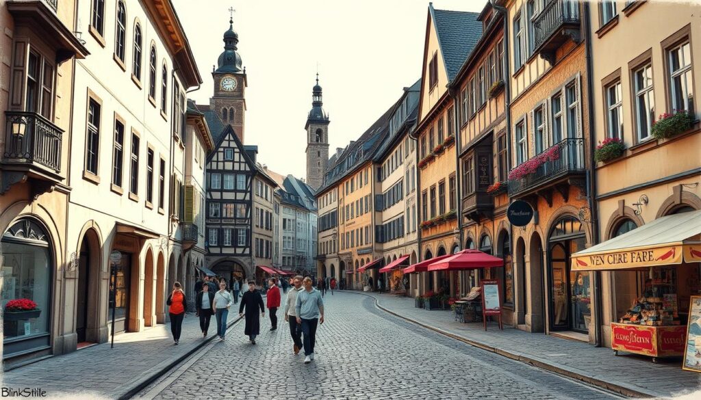 A picturesque cobblestone street in the historic Bern Old Town, showcasing the city's distinctive architectural style. Quaint buildings with ornate facades and intricate clock towers line the sidewalks, casting soft shadows under the warm, golden afternoon light. Pedestrians stroll leisurely, pausing to admire the charming storefronts and local artisanal shops. Pops of color from vibrant window boxes and market stalls add visual interest, while a subtle, muted color palette evokes a timeless, pencil sketch-like aesthetic. The scene conveys a sense of timeless tranquility, inviting the viewer to explore the rich history and cultural heritage of this captivating Swiss city.
