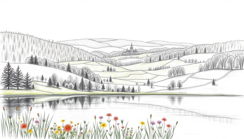 A picturesque landscape in the vicinity of Nördlingen, showcasing the region's natural beauty. In the foreground, a serene lake reflects the surrounding hills and forests, with pops of color in the form of wildflowers dotting the shoreline. The middle ground features rolling meadows and winding trails, inviting the viewer to explore. In the distance, the silhouettes of historic buildings and the iconic Ries crater rim emerge, creating a sense of tranquility and timelessness. The scene is rendered in a muted, pencil-sketched style with selective color accents, capturing the essence of an idyllic day trip destination near the charming Nördlingen Altstadt.