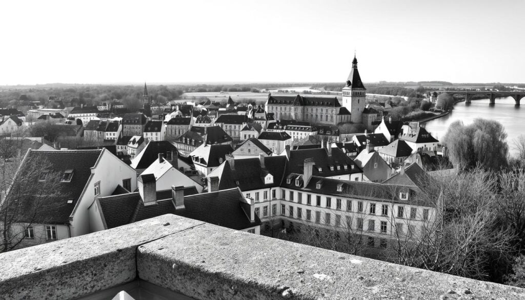 A picturesque panoramic view of the historic town of Blois, France, from an elevated vantage point. The foreground features a stone balustrade or terrace, inviting the viewer to gaze out over the charming cityscape. In the middle ground, the distinctive architecture of Blois' old town unfolds, with its medieval buildings, ornate rooftops, and the majestic Château de Blois rising prominently. The background is dominated by the tranquil Loire River, its gentle waters reflecting the warm, soft light of the scene. The image is rendered in a captivating black and white palette, with subtle pops of color highlighting key architectural details or natural elements, creating a timeless, artistic impression.