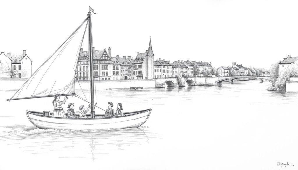 A picturesque scene along the Loire River, France. In the foreground, a traditional flat-bottomed boat, known as a "Bateau Lavoir," gently glides across the tranquil waters, its wooden hull and billowing sails captured in a soft, charcoal-like sketch. Passengers adorned in period attire sit comfortably, enjoying the serene river voyage. The middle ground showcases the historic buildings of the Old Town of Tours, their architectural details rendered in delicate lines and subtle shades of gray. In the background, the iconic Loire River winds its way, punctuated by the occasional splash of color from the vibrant foliage lining its banks, creating a harmonious balance between the monochromatic tones and the natural world.