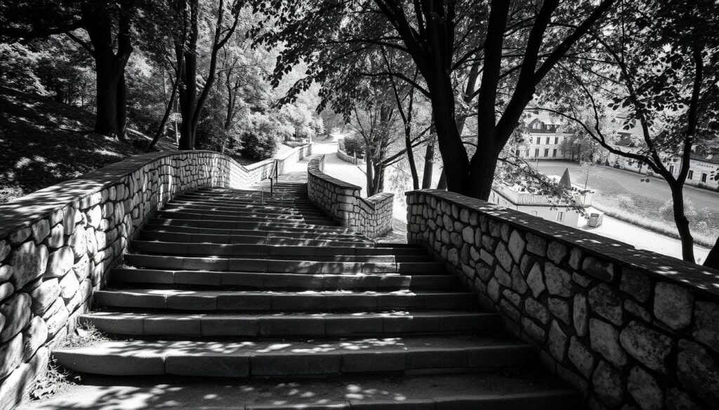 A picturesque stone staircase winds its way through a lush, verdant landscape in Hartberg, Austria. The steps, etched with the passage of time, lead hikers on an enchanting journey through the historic Altstadt. Dappled sunlight filters through the canopy of trees, casting soft shadows and adding depth to the scene. In the distance, glimpses of charming buildings and cobblestone streets hint at the town's rich heritage. The image conveys a sense of tranquility and invites the viewer to explore the hidden paths and discover the town's timeless wonders. Rendered in a striking black-and-white palette with subtle pops of color, the image captures the essence of this captivating hiking trail.
