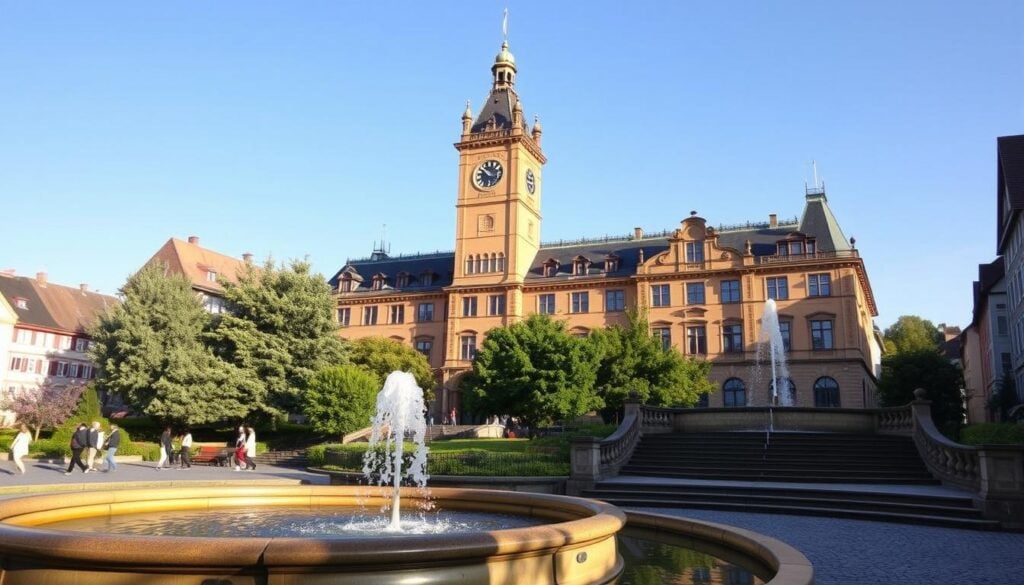 A picturesque view of Universität Heidelberg, a historic university nestled in the heart of Heidelberg's charming Altstadt. The grand, neo-Renaissance architecture of the main building stands tall, its ornate façade and clock tower casting a regal silhouette against a clear, azure sky. Students and visitors stroll along the cobblestone paths, admiring the lush greenery and intricate stone carvings that adorn the campus. In the foreground, a fountain bubbles gently, its cascading waters reflecting the warm, golden light of the afternoon sun. The overall scene conveys a sense of timeless elegance and intellectual vitality, perfectly encapsulating the culture and vibrancy of Heidelberg's historic Altstadt.