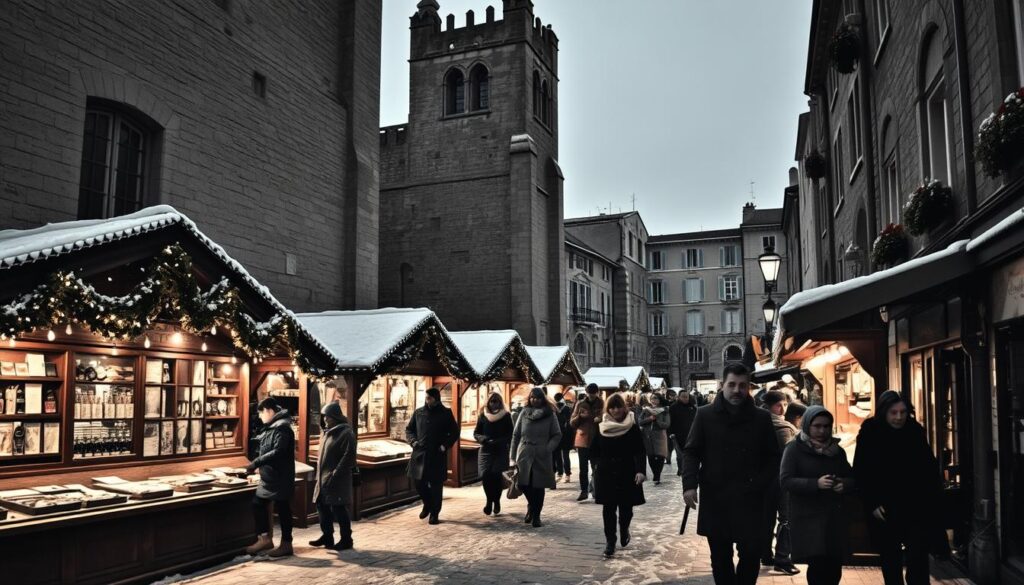 A quaint Weihnachtsmarkt in the historic Altstadt of Avignon, bathed in a soft, muted palette of black, white, and subtle splashes of color. Wooden stalls adorned with twinkling lights offer an array of traditional crafts and warm, mulled wine. Towering medieval architecture frames the cozy scene, its stone façades casting long shadows in the crisp winter air. Pedestrians bundled in scarves and coats meander through the festive crowds, their footsteps crunching on the powdery snow underfoot. A sense of timeless enchantment permeates the air, transporting the viewer to a magical Winterzauber in the heart of Provence.