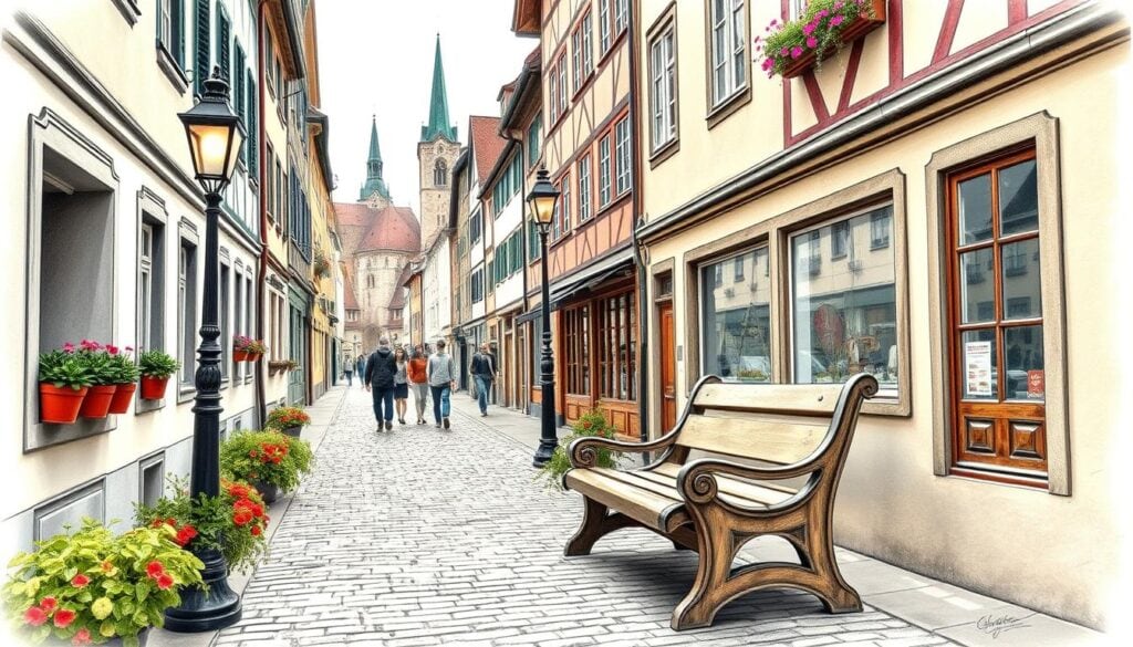 A quaint cobblestone street in the heart of Passau's historic Altstadt, lined with charming half-timbered buildings bathed in a soft, diffused light. In the foreground, a well-worn wooden bench invites visitors to pause and soak in the timeless atmosphere. Lush potted plants add pops of vibrant color, while a wrought-iron lamp post casts a warm, ambient glow. In the middle ground, pedestrians stroll leisurely, their figures rendered in muted tones. The background features the iconic spires of Passau's churches, standing as silent witnesses to the city's rich cultural heritage. The overall scene evokes a sense of tranquility and invites the viewer to imagine themselves immersed in the practical tips for exploring this enchanting Bavarian town.