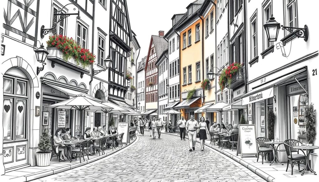 A quaint cobblestone street in the historic Altstadt of Mödling, Austria, lined with charming cafes and restaurants. The facades are adorned with intricate architectural details, cast in a warm, muted palette of blacks, whites, and subtle hints of color. Umbrellas and flower boxes add pops of vibrant hues, while wrought-iron lanterns cast a soft, ambient glow. Patrons spill out onto the sidewalks, enjoying the lively atmosphere and the tantalizing aromas of freshly brewed coffee and local cuisine. The scene is captured in a timeless, pencil-sketch style, preserving the historic character and timeless appeal of this picturesque culinary destination.