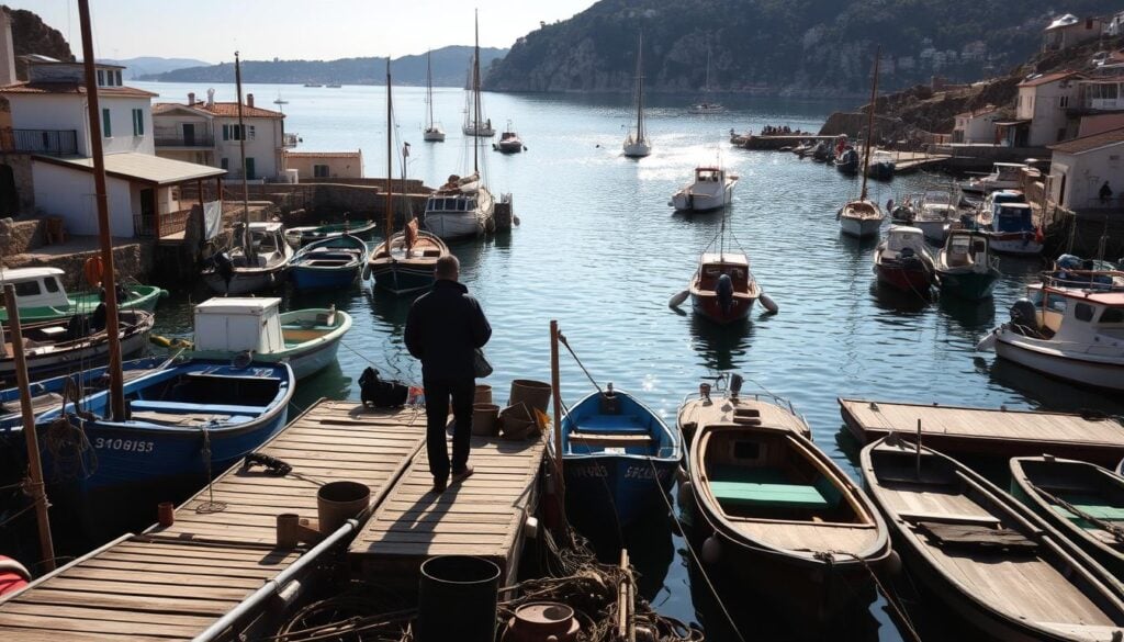 A quaint harbor nestled in the Vallon des Auffes, vibrant boats in shades of blue, green, and red dot the calm waters. Wooden docks and weathered fishing equipment line the shores, creating a timeless, rustic atmosphere. Shadowy figures of local fishermen move about, their silhouettes cast against the sunlit backdrop. The sun's warm rays gently illuminate the scene, casting soft shadows and highlights that accentuate the textural details. The image conveys a sense of tranquility and the enduring traditions of this idyllic Marseille fishing village.