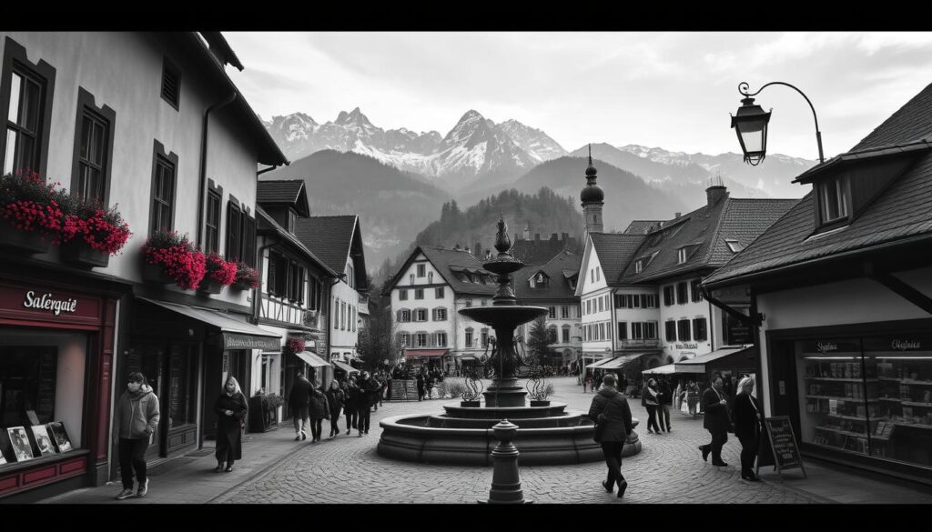 A quaint town nestled in the Murau valley, its historic center a tapestry of cobblestone streets and medieval architecture. In the foreground, locals and visitors alike stroll past colorful storefronts, pausing to browse artisanal shops and sample local delicacies. The middle ground reveals a bustling town square, its centerpiece a grand fountain adorned with intricate ironwork. In the background, the towering peaks of the Austrian Alps stand sentinel, their rugged silhouettes cast in a soft, hazy light. The scene is rendered in a moody black and white palette, with subtle splashes of color drawing the eye to points of interest - the vibrant red of a window box, the warm glow of a lantern, the glint of sunlight on a copper roof. This is Murau, a place where the past and present intertwine, offering a glimpse into the timeless charm and authentic experiences that await the discerning traveler.