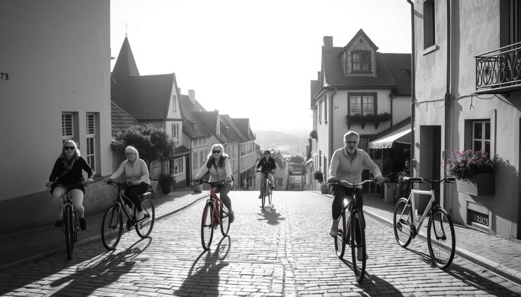 A serene bicycle tour through a picturesque old town, the sunlight casting a warm glow on the cobblestone streets. In the foreground, a group of adventurous cyclists explore winding alleys, their bicycles in vibrant shades that pop against the monochrome scene. Middleground features quaint buildings with pointed roofs and intricate architectural details, hinting at the town's rich history. The background reveals a distant skyline, with the occasional splash of color in the form of window boxes or a wrought-iron balcony. The overall mood is one of discovery and wonder, as the cyclists immerse themselves in the charming ambiance of the historic town.