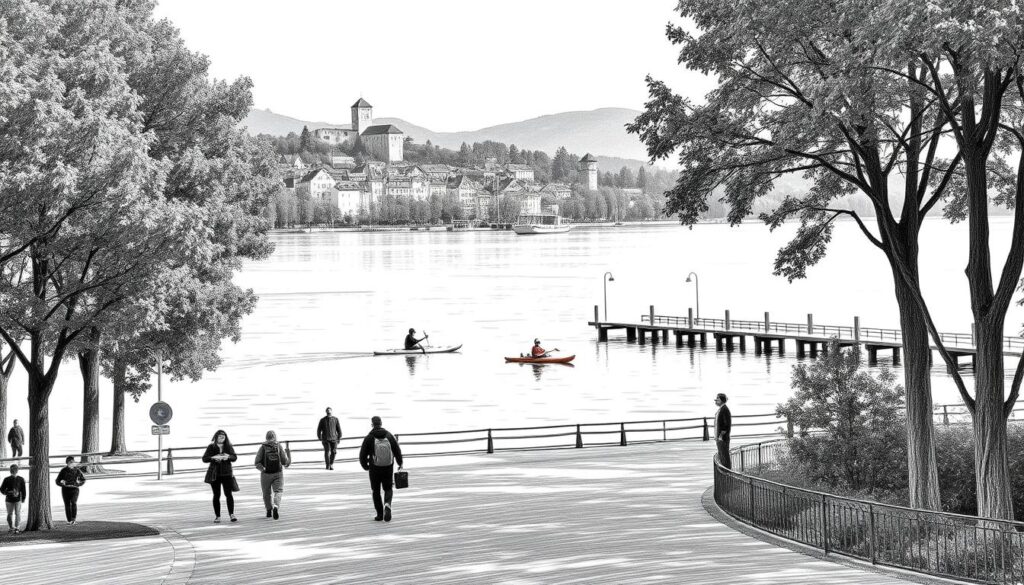 A serene lakeside promenade in the historic town of Murten, Switzerland. The foreground features people strolling along the tree-lined path, with kayakers and paddleboarders gliding across the tranquil waters. In the middle ground, a small pier extends into the lake, offering a scenic view of the town's charming architecture and the distant hills. The background is dominated by the medieval town walls and towers, casting long shadows across the scene. The image is rendered in a muted, pencil-sketched style with pops of color from the water activities, creating a timeless, nostalgic atmosphere.