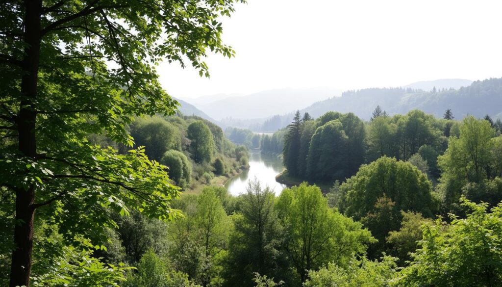 A serene landscape in Eisenstadt, Austria, with a lush, verdant forest in the foreground, punctuated by dappled sunlight filtering through the canopy. In the middle ground, a meandering stream reflects the surrounding trees, creating a tranquil mirror-like surface. Gently rolling hills in the distance are bathed in a soft, muted palette, hinting at the peaceful natural setting. The image is rendered in a striking monochromatic palette, with strategic pops of color highlighting the natural elements, inviting the viewer to immerse themselves in this peaceful Naturerlebnisse, or nature experience, surrounding the historic Altstadt of Eisenstadt.