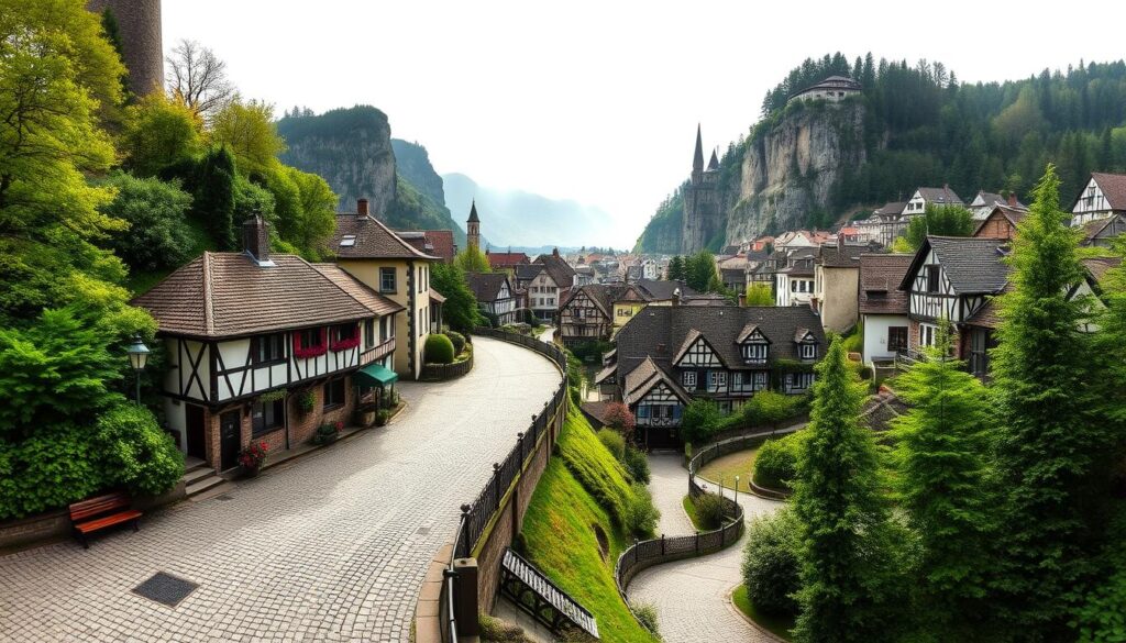 A serene panorama of the historic Monschau Altstadt, showcasing the iconic Panoramaweg. The winding path meanders through a picturesque landscape, with half-timbered houses and charming cobblestone streets in the foreground. Lush greenery and towering cliffs frame the scene, creating a sense of timeless tranquility. The light is soft and atmospheric, casting gentle shadows and highlighting the muted color palette. Punctuated by occasional pops of color, the image evokes the medieval ambiance and the enchanting outdoor experiences awaiting visitors to this captivating German town.