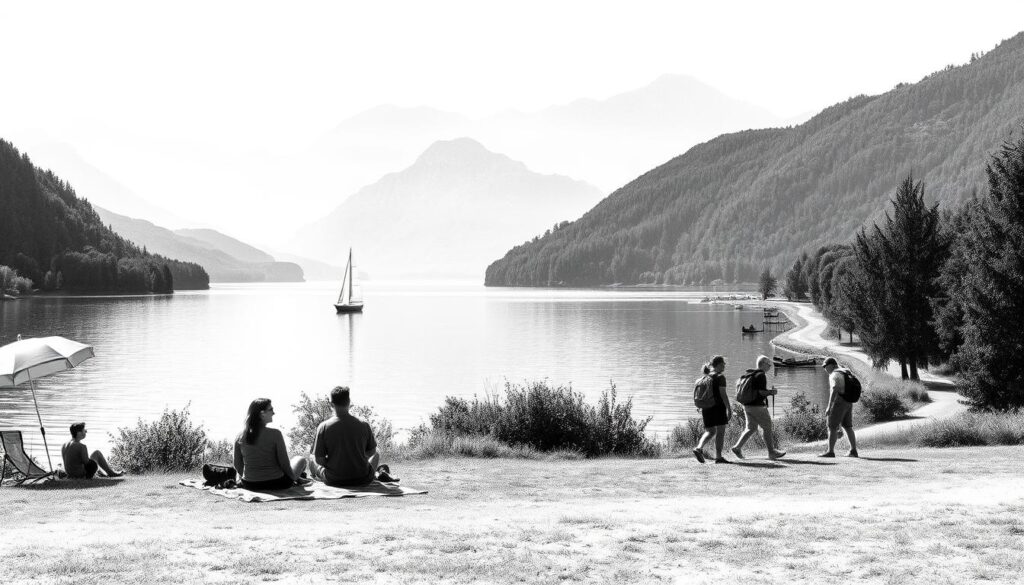 A serene scene at the picturesque Wörthersee, with people enjoying various outdoor activities against a backdrop of lush green hills and crystal-clear waters. In the foreground, a group of friends relax on the shore, their figures rendered in striking black and white with subtle pops of color highlighting details like a vibrant umbrella or a sailboat gliding across the lake. In the middle ground, hikers traverse a winding path, their silhouettes framed by the natural landscape. The background is dominated by the majestic mountains, their peaks shrouded in a hazy, atmospheric light. The overall composition conveys a sense of tranquility and adventure, perfectly complementing the section on nearby attractions and activities.