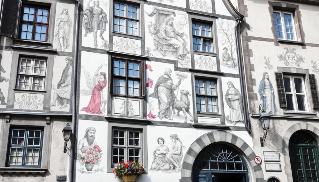 A stunning medieval facade adorned with intricate murals, showcasing the rich cultural heritage of Stein am Rhein's historic old town. The muted tones of graphite bring the delicate brushstrokes to life, punctuated by vibrant splashes of color that draw the eye to the architectural details. The composition captures the timeless elegance of the historic buildings, their facades a canvas for the stories of the past. Soft, directional lighting casts gentle shadows, creating depth and dimension, inviting the viewer to step back in time and explore the captivating artistic treasures of this enchanting town. A stunning medieval facade adorned with intricate murals, showcasing the rich cultural heritage of Stein am Rhein's historic old town. The muted tones of graphite bring the delicate brushstrokes to life, punctuated by vibrant splashes of color that draw the eye to the architectural details. The composition captures the timeless elegance of the historic buildings, their facades a canvas for the stories of the past. Soft, directional lighting casts gentle shadows, creating depth and dimension, inviting the viewer to step back in time and explore the captivating artistic treasures of this enchanting town.