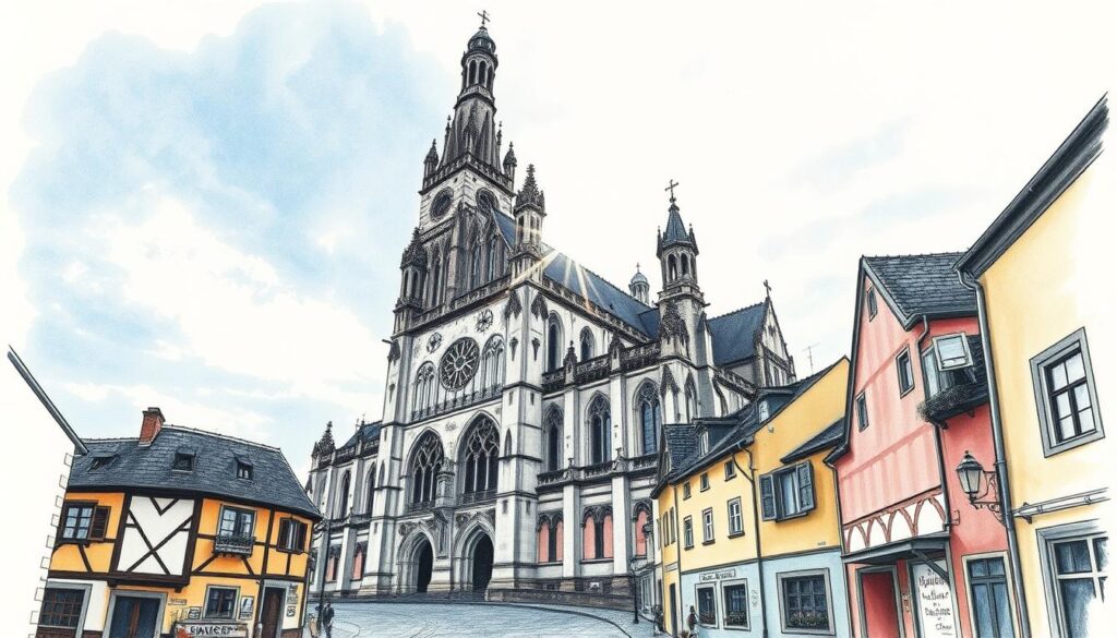 A towering medieval cathedral, the Speyerer Dom, stands majestically in the heart of the historic Speyer Altstadt. Its grand Romanesque architecture, adorned with intricate stone carvings and ornate spires, casts a striking silhouette against the azure sky. Sunlight filters through the stained-glass windows, casting a warm, ethereal glow upon the intricate detailing of the facade. In the foreground, cobblestone streets wind through the quaint, historic district, inviting exploration. The scene captures the essence of this UNESCO World Heritage Site, a timeless symbol of Speyer's rich cultural heritage.