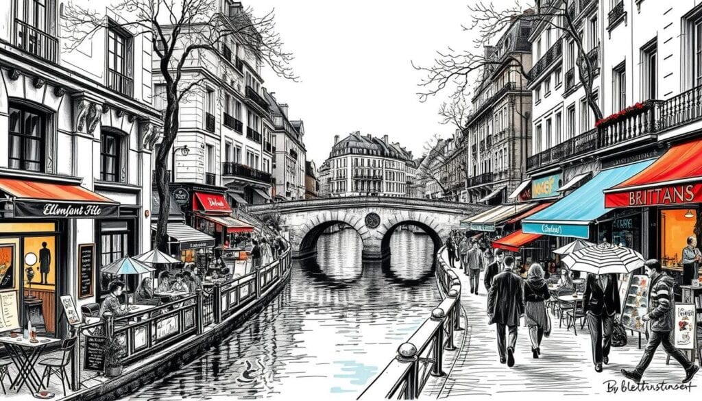 A tranquil canal winds through a vibrant Parisian neighborhood, its banks lined with charming cafes, boutiques, and street artists. Hipsters congregate, sipping artisanal coffee, browsing vintage wares, and mingling under the soft glow of cafe lights. The scene is a study in contrasts - the industrial grace of the canal's stone bridges juxtaposed with the bohemian energy of the surroundings. Pedestrians stroll leisurely, their silhouettes captured in a black and white sketch-like style, with pops of color highlighting the vibrant umbrellas, awnings, and signage. The overall effect is one of a timeless, artistic atmosphere, where the old and new coexist in perfect harmony.