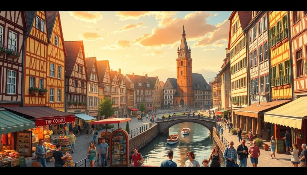 A vibrant, charming town square in Colmar, France, captured in a whimsical, illustrated style. In the foreground, colorful local vendors sell an array of artisanal goods and delicacies, while groups of people stroll and converse amidst the quaint, half-timbered buildings. In the middle ground, a picturesque canal winds through the scene, with small boats and pedestrians crossing charming stone bridges. In the background, the warm, golden glow of the sunset illuminates the historic architecture, creating a magical, fairytale-like atmosphere. The image conveys the lively, cultural spirit and enchanting ambiance of Colmar, inviting the viewer to explore and experience the activities and adventures that await in this captivating town.