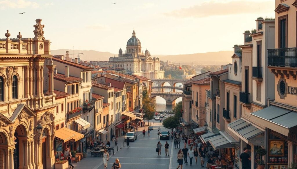 A vibrant cityscape showcasing the rich cultural heritage of Avignon's museums and art scene. In the foreground, the grandeur of historic architecture, ornate facades, and intricate stone carvings invite the viewer to explore. The middle ground features bustling pedestrian streets lined with quaint cafes, art galleries, and local artisan shops, all bathed in warm, golden sunlight. In the background, the majestic Papal Palace and the iconic Pont d'Avignon bridge stand as timeless landmarks, their silhouettes reflected in the tranquil waters of the Rhône River. The entire scene is rendered in a whimsical, hand-drawn style, capturing the city's charming and artistic ambiance.