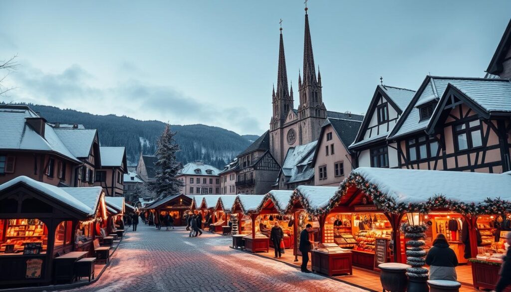 A winter wonderland unfolds in the historic city of Steyr, where the Christkindlmarkt shines brightly against the charming Altstadt backdrop. Cobblestone streets and half-timbered buildings are dusted with a layer of pristine snow, casting a warm, inviting glow under the soft, diffused light. In the foreground, clusters of wooden stalls adorned with twinkling lights offer an array of traditional crafts, local delicacies, and mulled wine, creating a captivating scene of holiday cheer. The middle ground features the towering spires of St. Michael's Church, its Gothic architecture standing tall against the crisp, blue sky. In the distance, the Enns River meanders, its icy surface reflecting the enchanting atmosphere of this winter oasis. The image is rendered in a striking black and white palette, with pops of color highlighting the vibrant market displays and the warm glow of the streetlamps.