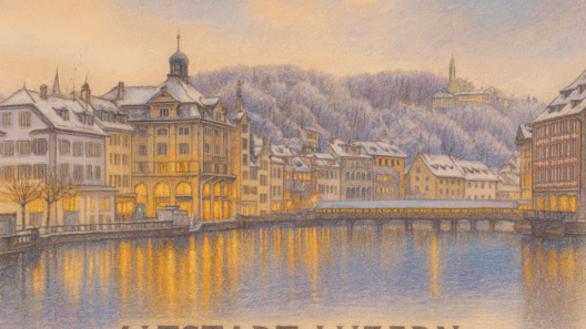Farbstiftzeichnung im Querformat mit Text 'Altstadt Luzern', zeigt winterliche Altstadtfassaden am Reussufer, verschneite Dächer und Spiegelungen im Wasser.
