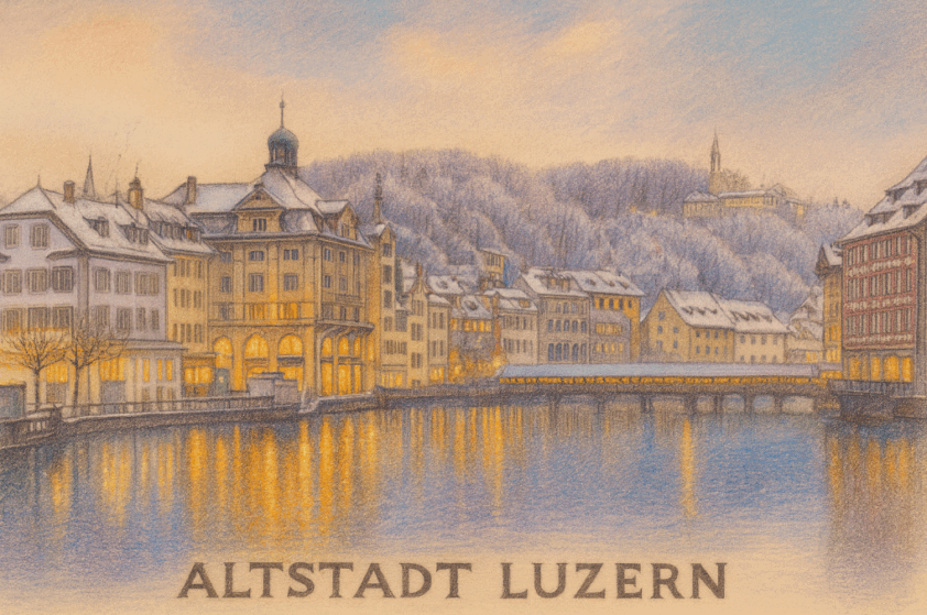 Farbstiftzeichnung im Querformat mit Text 'Altstadt Luzern', zeigt winterliche Altstadtfassaden am Reussufer, verschneite Dächer und Spiegelungen im Wasser.