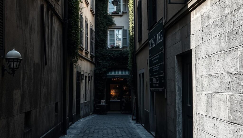 An alley in the historic old town, lined with centuries-old buildings, their weathered facades casting long shadows. A cobblestone path winds between the structures, leading the eye to a hidden courtyard bathed in a soft, dappled light. Ivy-covered walls frame a glimpse of a quaint café or shop, inviting the viewer to explore further. The scene exudes a sense of timelessness, with muted tones of gray, black, and earthy hues punctuated by the occasional splash of color - a vibrant flower, a brightly painted door, or a weathered signage. The overall composition conveys the intimate, off-the-beaten-path character of this insider's perspective on the old town's charm.