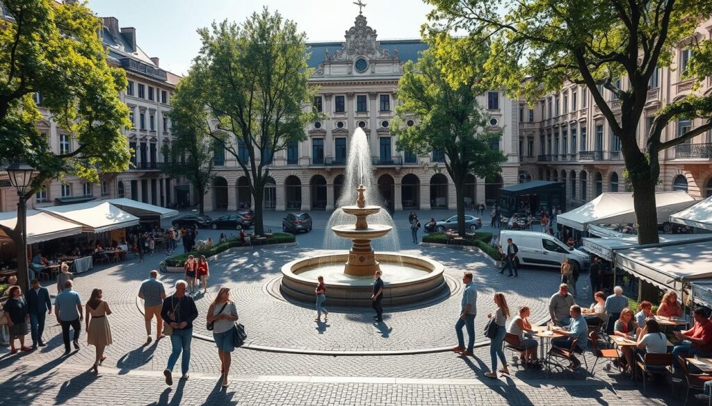 An elegant square in the heart of Dijon, the Place de la Libération is a vibrant gathering place. Surrounded by charming 18th-century architecture, the central fountain and lush greenery create a tranquil ambiance. Sunlight filters through the trees, casting soft shadows across the cobblestone pavement. Locals and visitors alike stroll leisurely, pausing to admire the ornate facade of the Palais des Ducs de Bourgogne. Café terraces bustle with animated conversation, the aroma of freshly brewed coffee and croissants wafting through the air. A sense of timeless beauty and community spirit pervades this historic Burgundian square, brimming with the rich cultural heritage of the region.