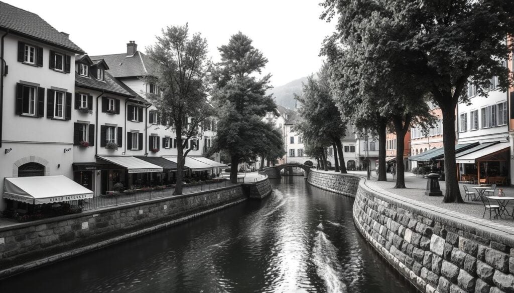 An idyllic scene along the Aare River in the historic heart of Thun, Switzerland. A row of charming riverside restaurants line the Mühleplatz, their facades bathed in a soft, muted light. Cobblestone paths wind through the quaint square, dotted with tall trees casting dappled shadows. The water gently laps against the stone embankments, reflecting the surrounding architecture in its tranquil surface. A subtle color palette of blacks, whites, and muted tones, with strategic pops of color to highlight architectural details and the natural elements. A timeless, nostalgic atmosphere that evokes the spirit of Thun's storied past.
