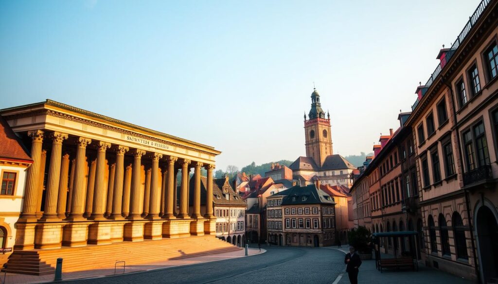 An imposing, majestic Konstantinbasilika set against the backdrop of Trier's historic city center. The grand, columned facade dominates the foreground, its intricate architectural details bathed in warm, golden sunlight. In the middle ground, cobblestone streets wind through quaint, medieval buildings, hinting at the ancient Roman roots of this captivating German city. The sky above is a soft, hazy blue, adding a sense of tranquility and timelessness to the scene. This imperial audience hall, once the seat of Roman power, stands as a testament to Trier's rich history and enduring legacy. An imposing, majestic Konstantinbasilika set against the backdrop of Trier's historic city center. The grand, columned facade dominates the foreground, its intricate architectural details bathed in warm, golden sunlight. In the middle ground, cobblestone streets wind through quaint, medieval buildings, hinting at the ancient Roman roots of this captivating German city. The sky above is a soft, hazy blue, adding a sense of tranquility and timelessness to the scene. This imperial audience hall, once the seat of Roman power, stands as a testament to Trier's rich history and enduring legacy.