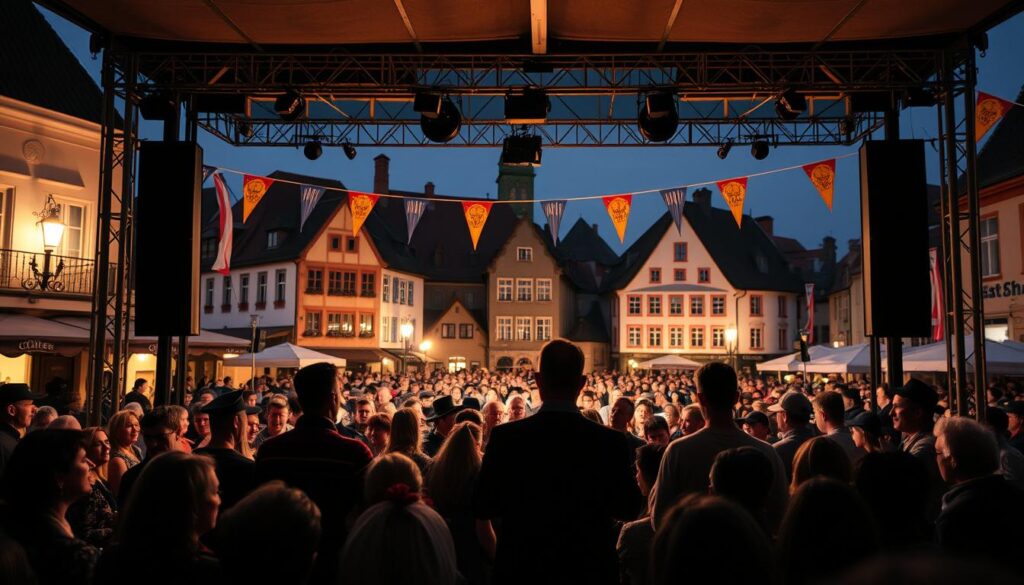 An outdoor stage set against the charming backdrop of Olten's historic old town, with colorful banners and flags fluttering in the evening breeze. A crowd of lively patrons gathers, eager to experience the renowned Oltner Kabarett-Tage, a long-standing cultural tradition. The stage is illuminated by warm, theatrical lighting, casting dramatic shadows and highlights across the performers' faces. In the foreground, a troupe of comedians captivates the audience with their witty banter and physical comedy, their expressions and gestures rendered in striking black and white with selective pops of color. The scene evokes a sense of timeless, community-driven entertainment, a celebration of Olten's vibrant cultural heritage.