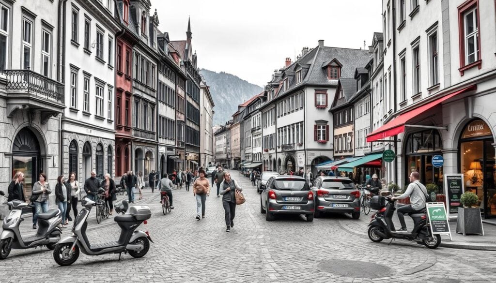Bustling city streets, pedestrians and cyclists navigating the urban landscape of Villach. Towering historic buildings, cobblestone pathways, and quaint cafes lining the sidewalks. A scene of practical mobility, with electric scooters, bicycles, and compact cars weaving through the charming old town. Muted tones of graphite and slate, punctuated by pops of vibrant color - the red of a cafe awning, the green of a store sign. Soft, diffused lighting casts a warm, inviting glow over the scene, capturing the picturesque atmosphere of this pedestrian-friendly city center. A practical, yet visually captivating depiction of Villach's old town mobility.