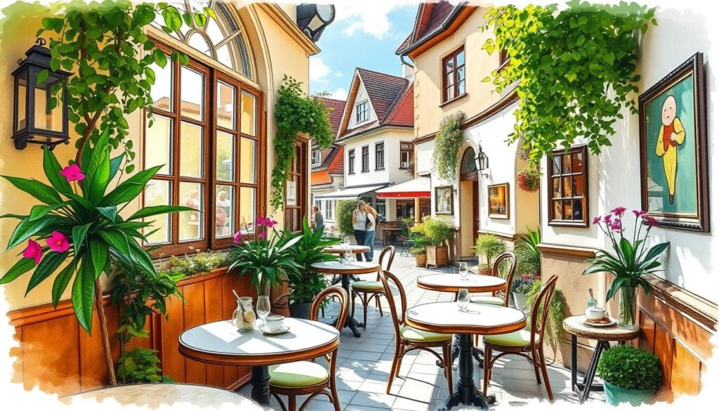 Cozy and charming cafes nestled in the historic Lüneburg Altstadt, adorned with quaint architectural details and lush greenery. Sunlight filters through large windows, casting a warm glow over marble-topped tables and rustic wooden furnishings. The aroma of freshly brewed coffee and baked pastries fills the air, inviting passersby to linger and savor the moment. Pops of color from vibrant floral arrangements and vibrant artwork on the walls add a touch of whimsy. This serene setting captures the essence of the city's culinary highlights, where local delicacies and warm hospitality converge to create an enchanting cafe experience.