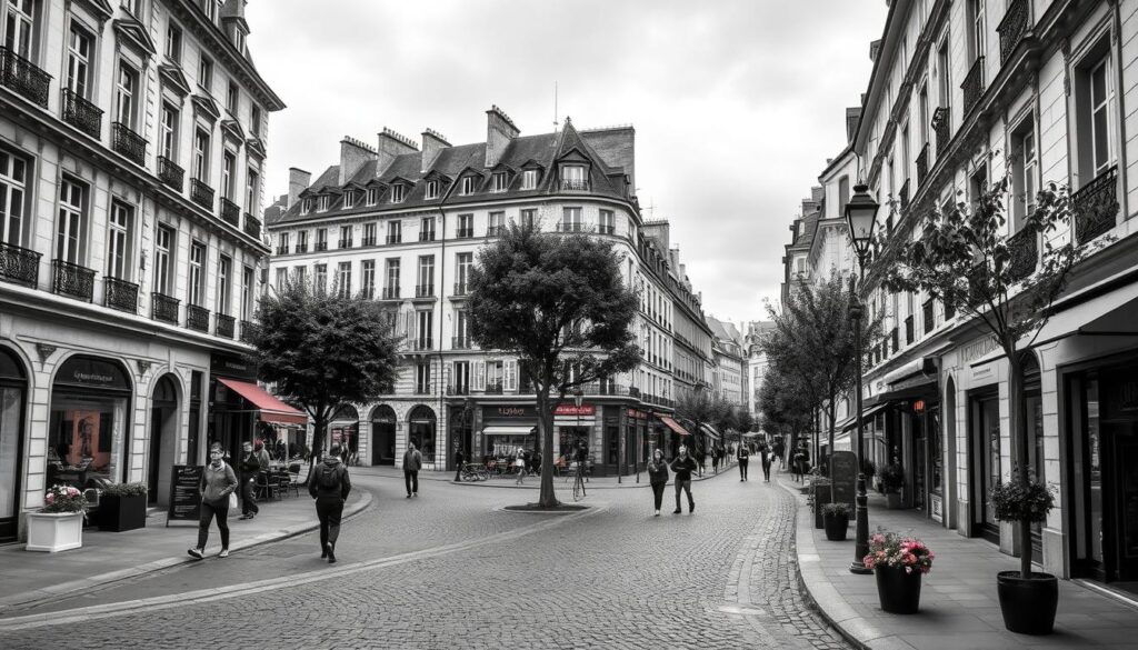 Elegant streetscape in Bordeaux's historic Old Town, cobblestone alleyways winding between stately 18th-century townhouses, warm stone facades softly illuminated by overcast skies, pedestrians strolling past quaint cafes and boutiques, trees lining the sidewalks in muted shades of gray, punctuated by splashes of color from flower boxes and storefront awnings, a sense of timeless charm and continental sophistication, all rendered in a classic black-and-white palette with selective color highlights.