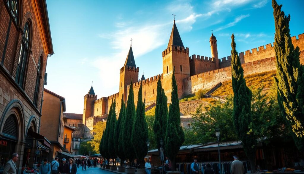 Majestic stone walls and towers of Carcassonne's medieval fortress stand proud against a vibrant, azure sky. Warm sunlight filters through ornate stained glass windows, casting intricate patterns on the cobblestone streets below. In the foreground, a bustling marketplace teems with local artisans, their handcrafted wares and vibrant textiles reflecting the rich cultural heritage of this iconic French city. Towering cypress trees line the winding pathways, their verdant foliage complementing the russet hues of the ancient architecture. An aura of timeless charm and historical significance permeates the scene, capturing the essence of Carcassonne as a wellspring of cultural inspiration.