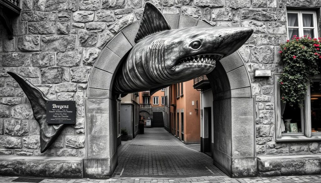 Mummified shark, a curious ancient relic, stands guard at the gateway to Bregenz's historic old town. Its lifeless gaze peers through the archway, casting an eerie shadow upon the cobblestoned streets. The shark's leathery skin, rendered in shades of graphite, contrasts with the muted hues of the weathered stone facade. Splashes of color - perhaps the glint of a brass plaque or the vibrant flora cascading from window boxes - add subtle points of interest, drawing the eye deeper into this hidden historical gem.