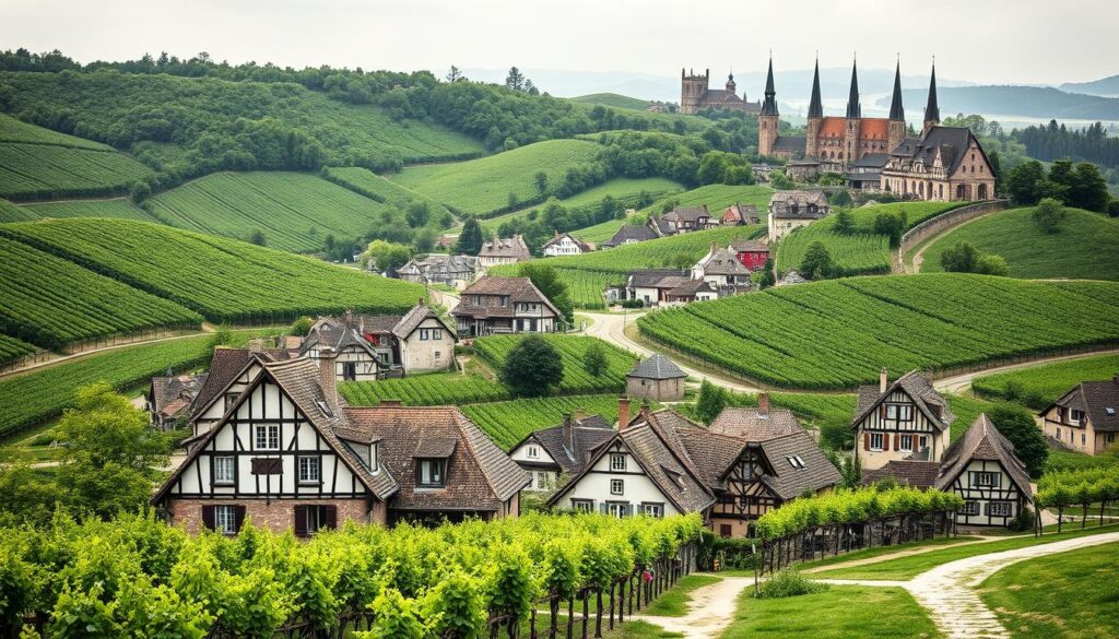 Picturesque Weinberge (vineyards) of Riquewihr, a charming Alsatian town along the renowned Alsace Wine Route. Rolling hills blanketed in lush green vines, intersected by weathered stone walls and dirt paths. In the foreground, a cluster of traditional half-timbered houses with pointed roofs, their windows and shutters punctuating the scene with hints of color. Towering church steeples and medieval ramparts rise in the background, creating a sense of historic ambiance. The entire landscape suffused with a soft, hazy light, rendering the scene in a moody, pencil-sketch aesthetic with selective pops of color.