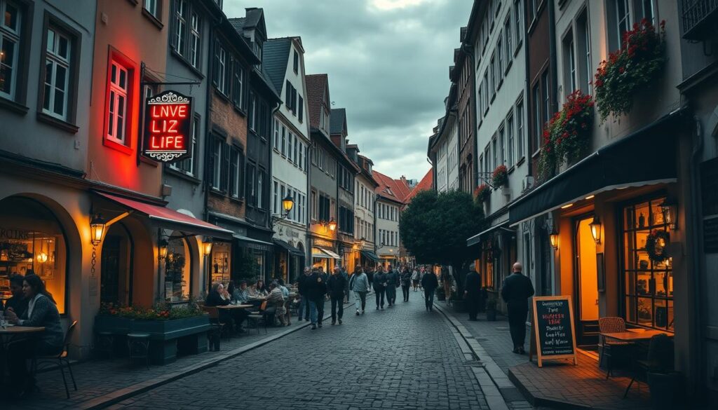 Quaint cobblestone streets lined with charming historic buildings, casting warm shadows under a soft, golden glow. Cozy cafes and lively restaurants spill out onto the sidewalks, their inviting aromas mingling with the scent of freshly brewed coffee. Locals and tourists alike savor hearty regional dishes and local craft beers, immersed in the vibrant atmosphere of Linz's picturesque Altstadt. A timeless scene, captured in a moody black and white palette, punctuated by pops of color - the vibrant red of a neon sign, the warm glow of candlelight, the verdant hues of potted plants adorning the quaint facades.