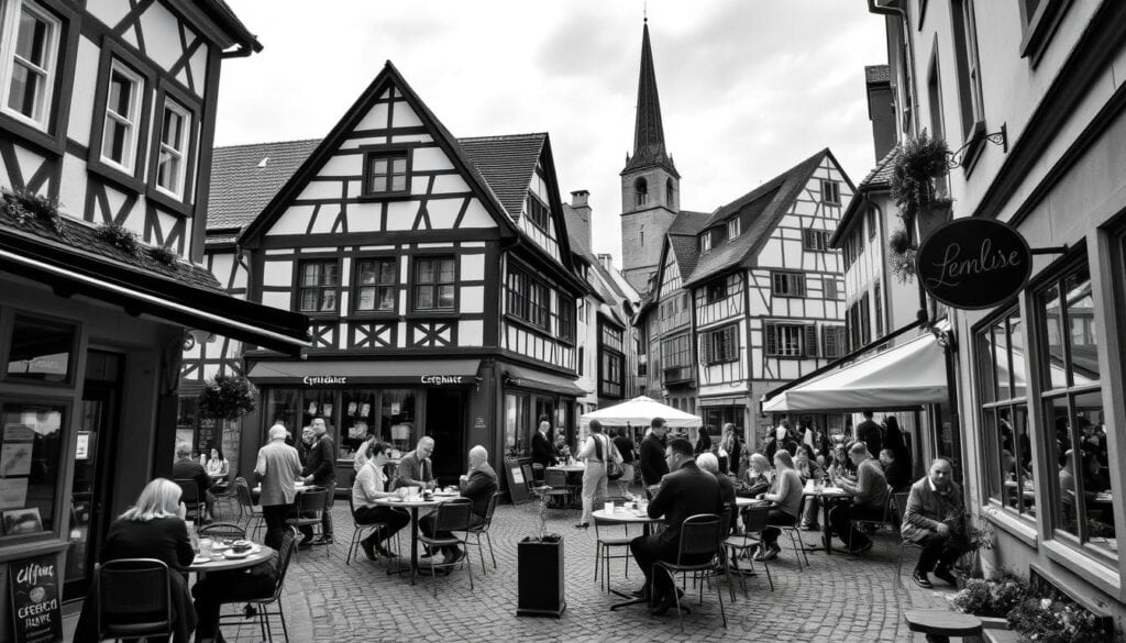 Quaint cobblestone streets wind through the historic Altstadt of Lenzburg, revealing a vibrant culinary scene. In the foreground, a lively outdoor cafe bustles with locals savoring fragrant espressos and delectable pastries, their black and white forms punctuated by the warm tones of freshly baked goods. The middle ground showcases the charming half-timbered facades of centuries-old buildings, their intricate details captured in a monochrome palette. In the background, the steeple of a grand church towers above, casting a serene shadow over the bustling scene below. This image conveys the timeless allure of Lenzburg's culinary highlights, where tradition and modernity seamlessly intertwine.
