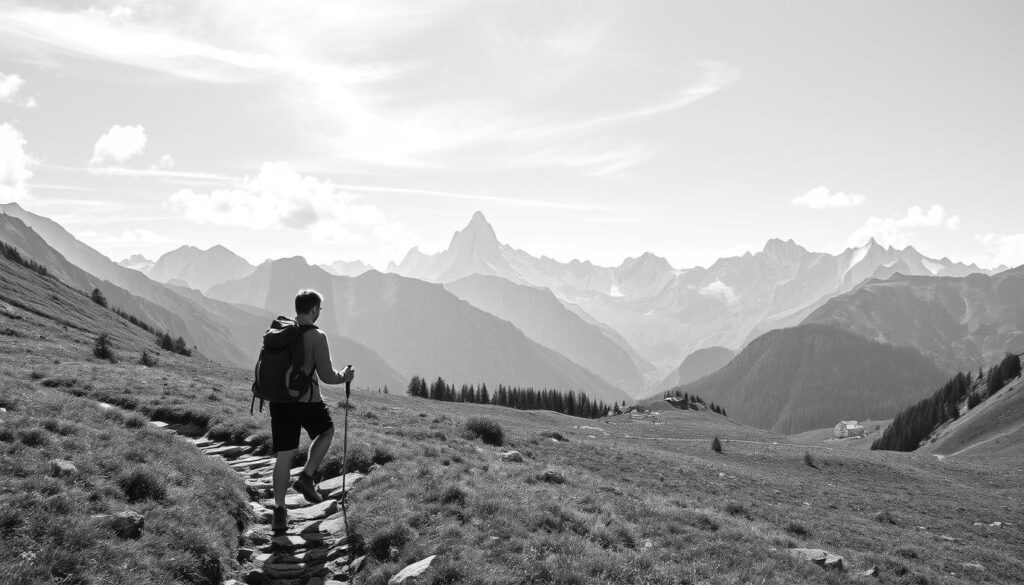 Wandering through the majestic alpine landscape, a serene path winds through verdant meadows and towering peaks. Crisp mountain air fills the lungs as sunlight filters through wispy clouds, casting a soft, atmospheric glow over the scene. In the foreground, a solitary hiker navigates the rocky trail, their figure rendered in stark monochrome with subtle hints of color accentuating the details of their equipment. The middle ground reveals a panoramic vista of rugged, snow-capped mountains, their jagged silhouettes standing in bold relief against the pale sky. In the distance, a quaint mountain village nestles between the folds of the landscape, its charming architecture hinted at with delicate strokes of color. This tranquil, contemplative scene captures the essence of a nature-lover's paradise, inviting the viewer to experience the beauty and tranquility of the German Alps.