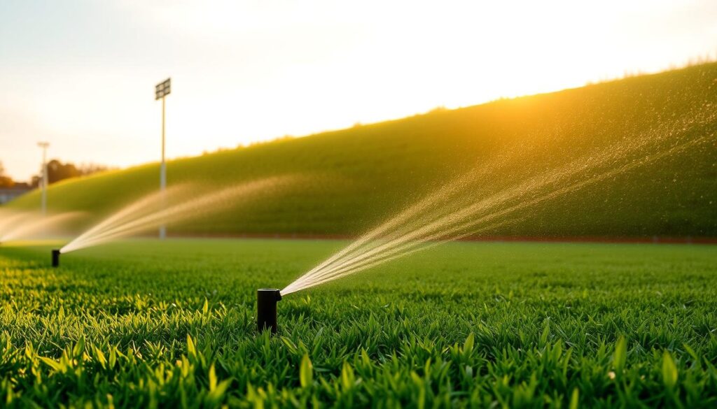 A lush, verdant sports field bathed in warm, golden sunlight. In the foreground, a state-of-the-art sprinkler system sprays a gentle, mist-like shower over the well-manicured turf, nourishing the grass with precise, targeted precision. Sleek, modern sprinkler heads seamlessly blend into the landscape, their minimalist design complementing the clean, contemporary aesthetic. In the middle ground, a crisp, high-definition view of the sprinkler patterns, their arcs and trajectories choreographed with engineering excellence. In the background, a cloudless sky of soft, azure hues, enhancing the serene, tranquil atmosphere. The overall scene conveys a harmonious balance between advanced technology and natural beauty, showcasing sustainable water management solutions for premium sports surfaces. A lush, verdant sports field bathed in warm, golden sunlight. In the foreground, a state-of-the-art sprinkler system sprays a gentle, mist-like shower over the well-manicured turf, nourishing the grass with precise, targeted precision. Sleek, modern sprinkler heads seamlessly blend into the landscape, their minimalist design complementing the clean, contemporary aesthetic. In the middle ground, a crisp, high-definition view of the sprinkler patterns, their arcs and trajectories choreographed with engineering excellence. In the background, a cloudless sky of soft, azure hues, enhancing the serene, tranquil atmosphere. The overall scene conveys a harmonious balance between advanced technology and natural beauty, showcasing sustainable water management solutions for premium sports surfaces.