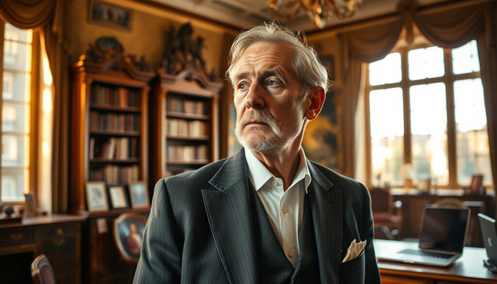 A portrait of Jakob zu Eltz, a nobleman from a storied German family, standing in his study. The room is bathed in warm, golden light filtering through tall windows, casting a contemplative glow on his weathered face. Jakob is dressed in a finely tailored suit, his gaze introspective as he gazes out, embodying the tension between tradition and modernity that defined his life. In the background, antique bookshelves and ornate furnishings hint at his family's illustrious heritage, while a sleek, modern laptop on his desk suggests his embrace of progress. The scene conveys a sense of quiet dignity and the weight of legacy that shaped Jakob's journey.