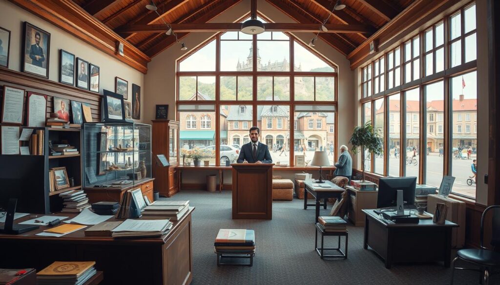 A well-lit, detailed interior scene of a community center or town hall, with a central figure in formal attire standing at a podium, surrounded by various objects and tasks that represent the diverse responsibilities of a municipal curator. The foreground features a desk with papers, books, and a computer, suggesting administrative duties. The middle ground showcases display cases, artifacts, and educational materials, hinting at the curator's role in preserving and presenting local heritage. The background reveals expansive windows overlooking a picturesque town square, conveying the curator's connection to the broader community. The overall atmosphere is one of professionalism, dedication, and a commitment to serving the public. A well-lit, detailed interior scene of a community center or town hall, with a central figure in formal attire standing at a podium, surrounded by various objects and tasks that represent the diverse responsibilities of a municipal curator. The foreground features a desk with papers, books, and a computer, suggesting administrative duties. The middle ground showcases display cases, artifacts, and educational materials, hinting at the curator's role in preserving and presenting local heritage. The background reveals expansive windows overlooking a picturesque town square, conveying the curator's connection to the broader community. The overall atmosphere is one of professionalism, dedication, and a commitment to serving the public.