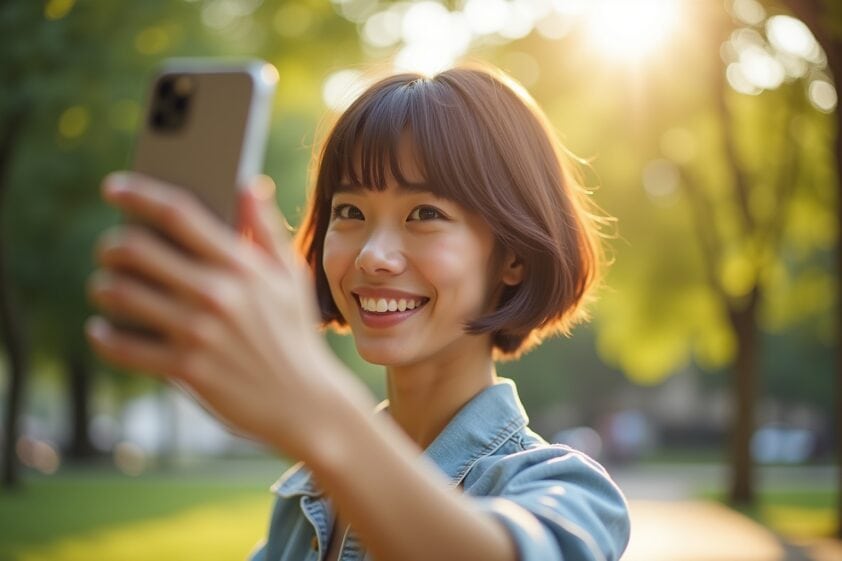 Perfekter Selfie-Moment mit Kurzhaarfrisur-Titel