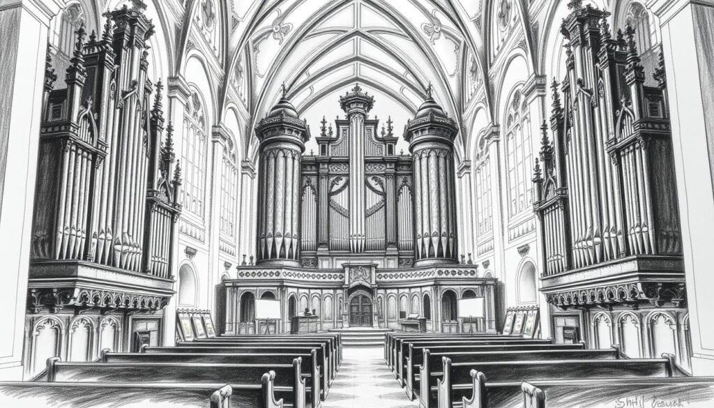 A captivating black and white pencil sketch of the interior of Klosterkirche Muri, showcasing its five majestic organs, with detailed architectural elements such as high vaulted ceilings and ornate carvings. The foreground features intricately designed organ pipes, with hints of vibrant colors accentuating the ornate details. In the middle ground, there are elegantly arranged pews enhancing the church's grandeur, while the background reveals stained glass windows filtering soft, ambient light throughout the interior. The scene conveys a serene and reverent atmosphere, inviting viewers to appreciate the acoustic wonder and spiritual essence of this Swiss organ haven. The composition is carefully framed to highlight the beauty and intricacy of each organ, creating an immersive and inspiring visual experience.