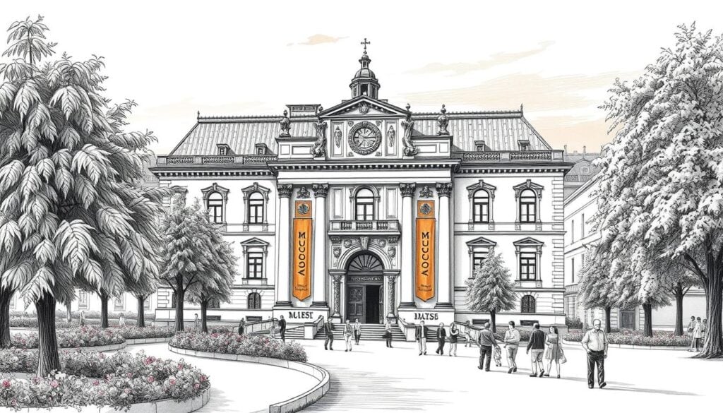 Altstadt mit barocker Kirche, umgeben von Bäumen und Menschen, Sehenswürdigkeit, Touristenattraktion, kulturelles Wahrzeichen Österreich.