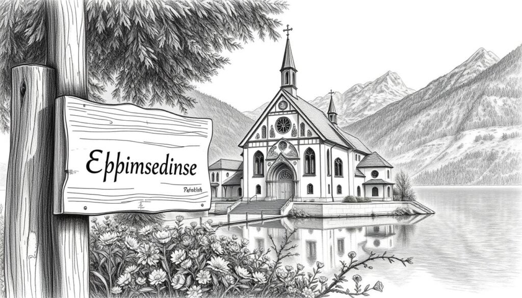 Alte Kirche am Alpensee in den Bergen, Süddeutschland.