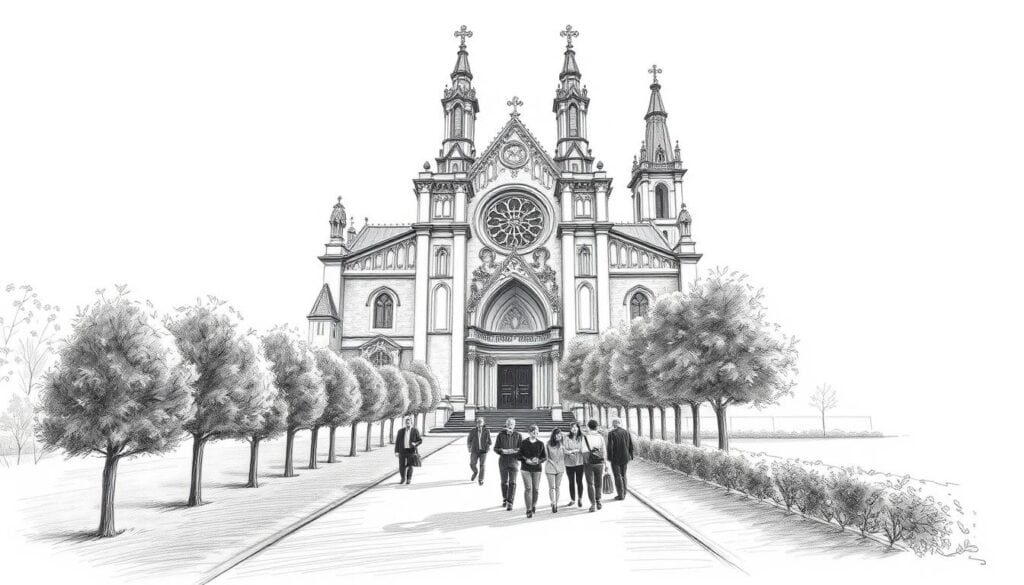A detailed black and white pencil sketch of the St. Gereon Basilica, focused on its striking architectural features. In the foreground, depict a serene path lined with trees, leading visitors towards the grand entrance, where a small group of people in professional business attire and modest casual clothing interact and admire the surroundings. The middle ground showcases the ornate façade of the basilica with intricate details of its towers and arches, while the background subtly fades into a soft, atmospheric sky. Utilize subtle colored accents, like soft blues and warm golds, to highlight the basilica's stained glass windows and illuminate the scene, creating a calm and inviting mood. Ensure balanced lighting from a soft afternoon sun, capturing the essence of a welcoming visit.